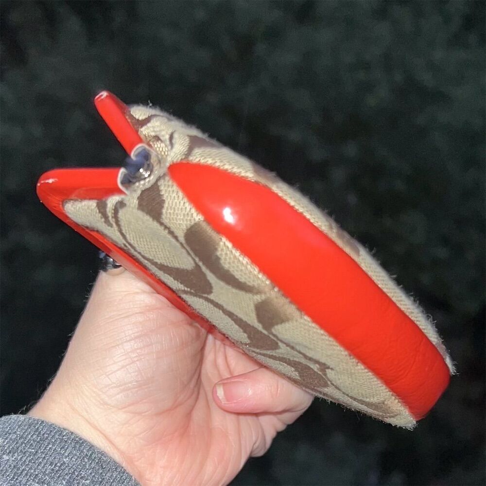 VINTAGE COACH Kisslock Coin Pouch Wallet Tan Jacquard w Red Leather w Silver - Picture 3 of 5